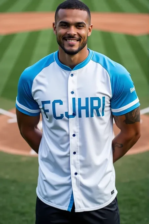 Baseball shirt with light blue details,  with the letters FCJHRI in Capital Letter  