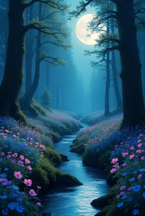  Natural background with blue flowers and pink flowers, the flowing water , big trees.
Make it look magical 
Y nocturnal , with the moonlight shining and that part of the forest looks deteriorated 