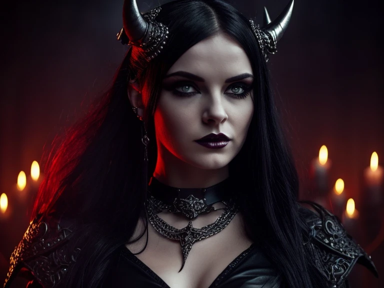 Capture a hyper-realistic portrait of a gothic demoness character named Natasha. She has pale, almost porcelain skin and intense red, cat-like eyes that stand out against her short, jagged black hair with edgy bangs partially covering her forehead. Natasha...