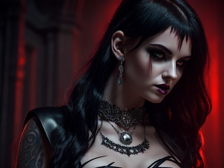 Capture a hyper-realistic portrait of a gothic demoness character named Natasha. She has pale, almost porcelain skin and intense red, cat-like eyes that stand out against her short, jagged black hair with edgy bangs partially covering her forehead. Natasha...