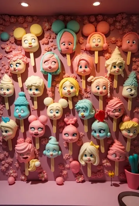 Create a wall ,  inside a beautiful and Instagrammable ice-cream shop  ( that produces popsicle ice cream in the shape of the faces of Disney characters), Beautiful and instragrammable with Disney characters around her 