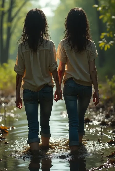 Two neglected , Soaked  junge Teenagermädchen, Have been wandering through a sunny swamp of black mud for weeks. Tangled hair, Soaked , tattered clothes (Blouse, Jeans),  bleeding wounds