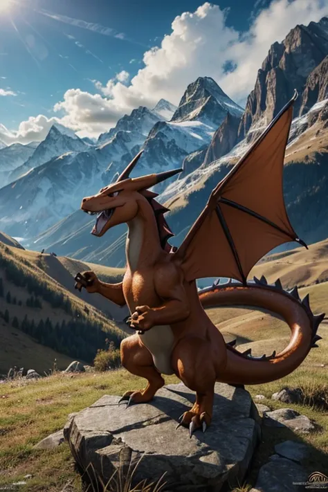 Realistic Pokemon Charizard ( complete),(Only one), mountains in the background, masterpiece,  Best quality  , Lyric, extremely detailed CG 8k wallpaper unit,  Award-Winning photograph  , profundidad de campo, HDR-10, extremely detailed, intricate,  High l...