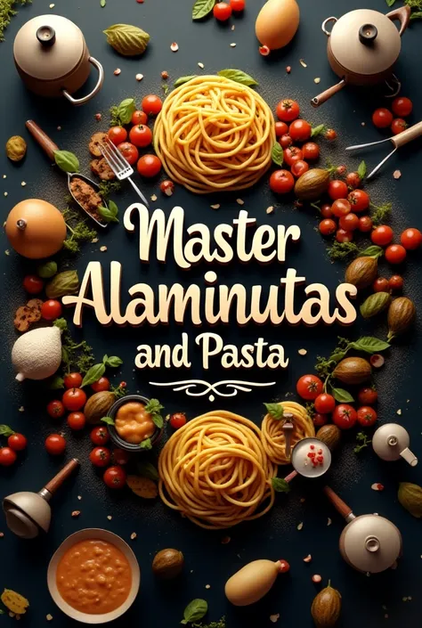 Create logo with the title  "MASTER ALAMINUTAS AND PASTA " With cutlery pots cooking