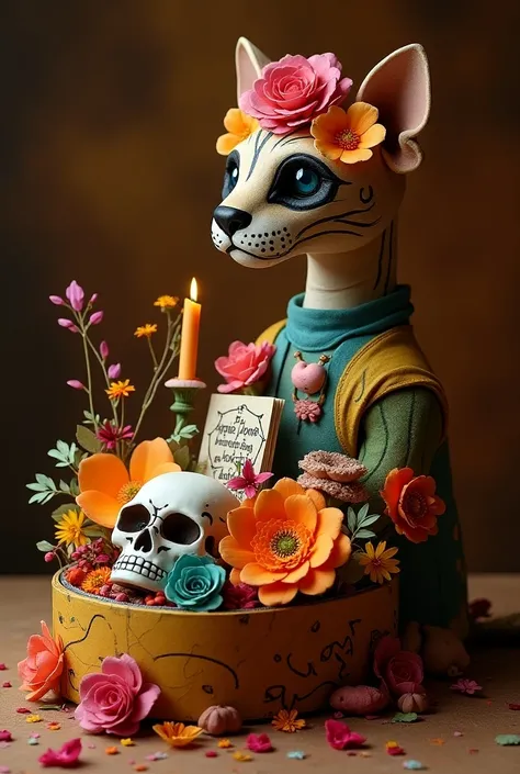 A realistic puma shoebox ofrenda with a tissue paper flower, papel picado, a clay skull, a clay candle and a piece of paper with drawings of an apple pie, yarn , rose bush and a book