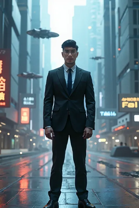 The person in the image wearing formal clothes and against the background of a futuristic city