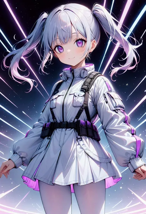  one girl,baby Face, light blue neon colored hair, twin tails,( purple neon colored eyes ),(Dark circles under the eyes),insomnia,(Details),smile, tactical fashion,White jacket,White Skirt,White tights, short stature ,Small breasts,Overall image, standing ...