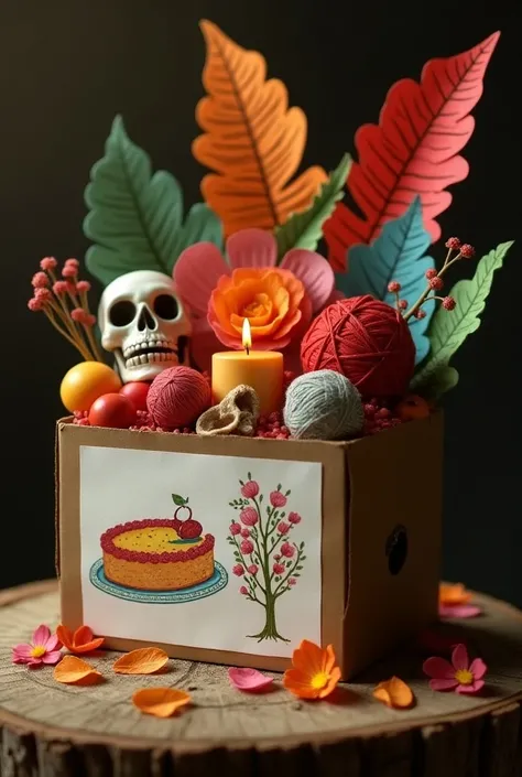 A realistic shoebox ofrenda with a tissue paper flower, papel picado, a clay skull, a clay candle and a piece of paper with drawings of an apple pie, yarn , rose bush and a book 