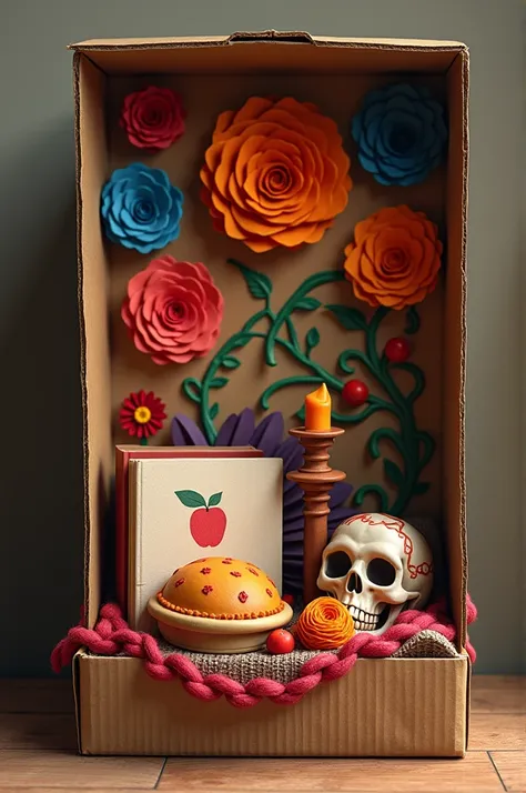 A realistic open shoebox ofrenda with a tissue paper flower, papel di pacdo, a clay skull, a clay candle and a drawing of an apple pie, yarn and a book 