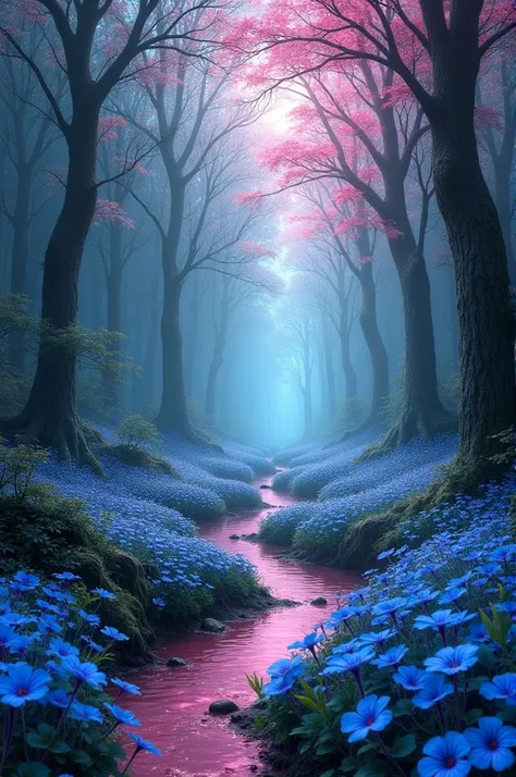  As a forest where one part looks deteriorated and dead while the other is with blue flowers, pink and flowing water 