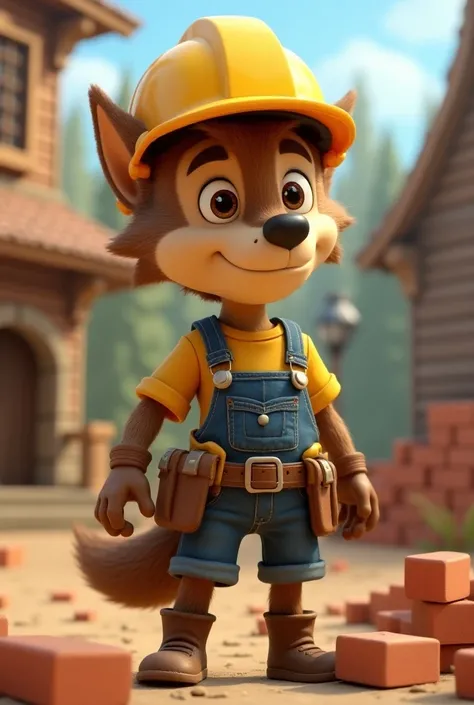  Lucas was a wolf builder,  wearing a yellow helmet and a belt full of tools , Lucas with his friends Bruno the beaver and Sofía the squirrel,  building the house ,  with tools that move on their own and bricks that are magically stacked . Do it in 3d 
