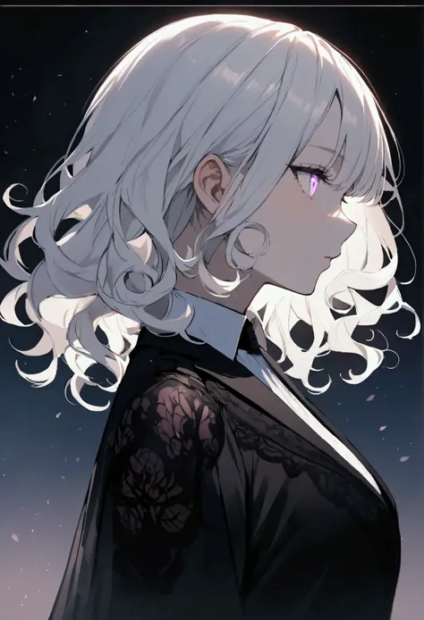  Girl with short curly white hair with big violet eyes and fair skin, Be in profile wearing a detailed black suit 