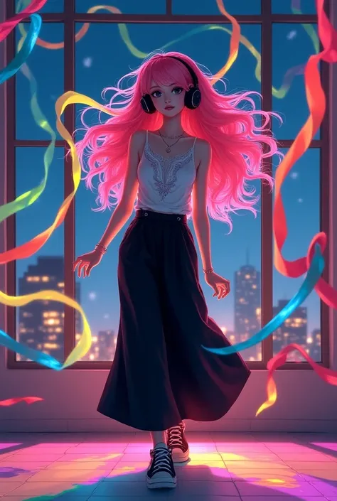 Girl. She has pink long hair, black eyes. Shes wearing a white colorful-printed top and a black wide pants with colorful shoes. She uses a black headphone. She is dancing in middle of colorful ties, in front of big windows alone in the middle of rainbow hi...