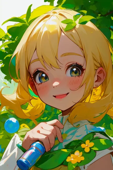 Portrait in 9 format : 16 of a two-year-old named Ana Clara ,  blonde with hair below her shoulders tied in two side sprinkles.  She is smiling widely ,  holding a bottle of soap bubbles .  Sunny park background with green trees and colorful flowers .  Vib...