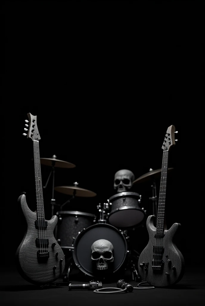 Rock band one bass one drum and one guitar, no person, one cross on each instrument, one skull ontop of each cross, black background and grey instruments