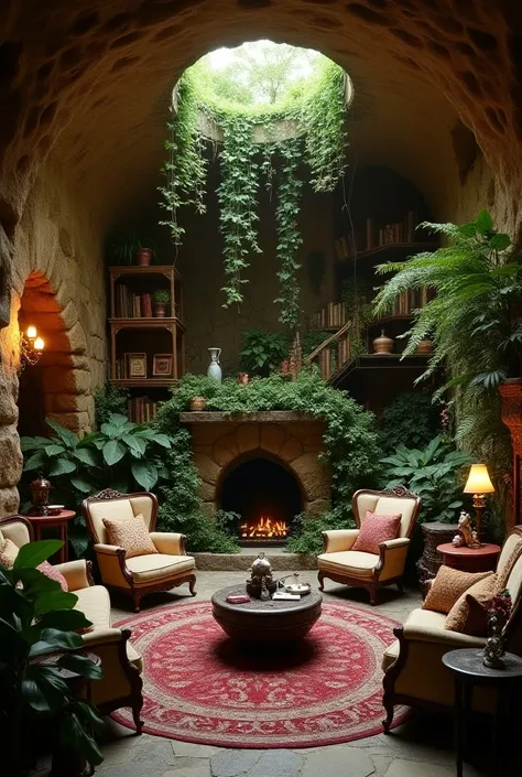 Living room in an underground cavern furnished with a variety of antique accessories and mixed vegetation around 