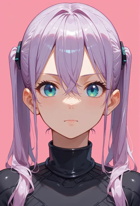 score_9,score_8_up,score_7_up, 1girl, alternate costume, lavender hair, dressed in a sleek, high-neck black and silver bodysuit with intricate circuitry patterns, hair between eyes, long hair, pink background, portrait, prototype design, sidelocks, solo, t...