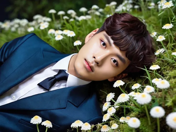 Korean boy in his 20s, with mushroom hair and wearing a suit with a bow, Lying on flowers,  looking at the stars  