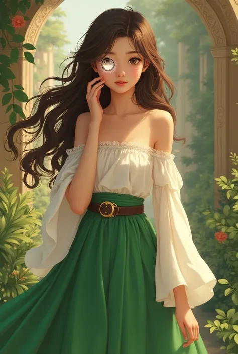 antiquity，Green skirt，brown long hair ，Face lens，Gentle girl，Second dimension style