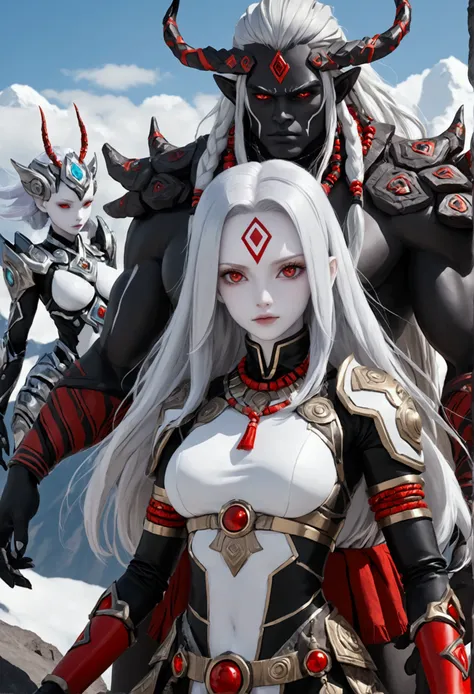  Android shaman and two-meter humanoid with pale skin, silver hair and red eyes , both on top of a mountain  