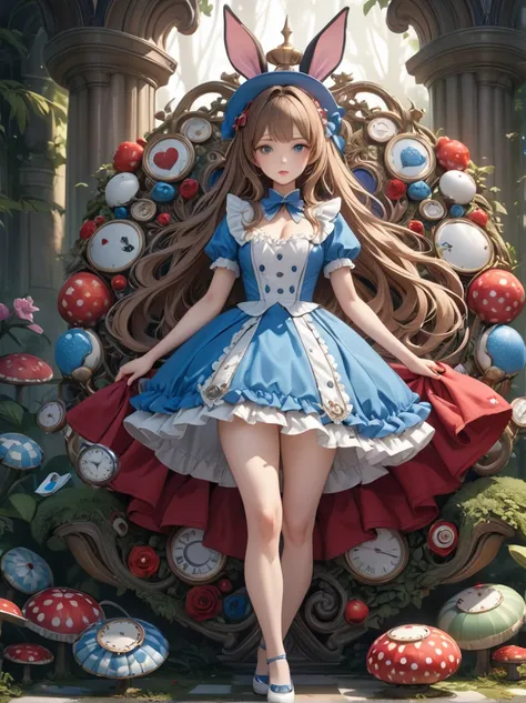  full body shot、1 girl, masterpiece, highest quality, 8k, fine skin texture, fine cloth texture, beautiful detailed face, intricate details, Super detailed, alice in wonderland,, 