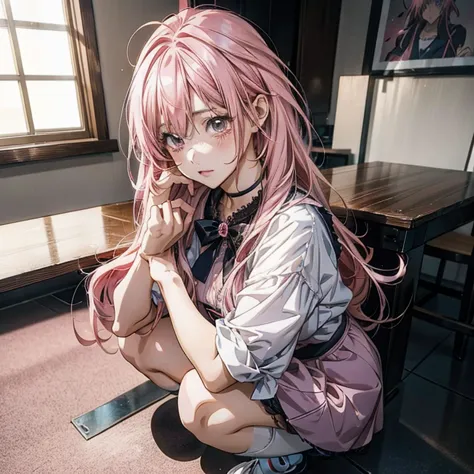 anime girl  with pink hair sitting on the floor in front of a table, seductive   anime girl , beautiful   anime girl  squatting,...