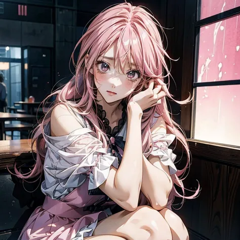 anime girl  with pink hair sitting on the floor in front of a table, seductive   anime girl , beautiful   anime girl  squatting,...