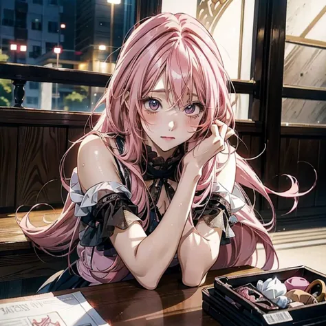 anime girl  with pink hair sitting on the floor in front of a table, seductive   anime girl , beautiful   anime girl  squatting,...