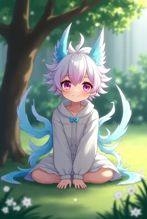 Anime boy ( ) 
with white, blue and pink hair, pink eyes, smiling face, sitting under a tree in the yard, with white, sky blue wings and 4 turquoise white phoenix tails