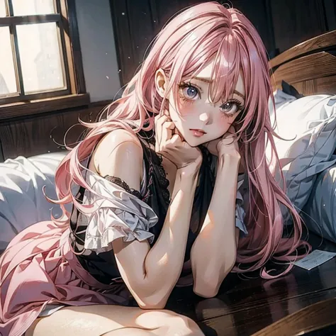 anime girl  with pink hair sitting on the floor in front of a table, anime image of a woman lying in bed with a 、ino, pixiv,  re...