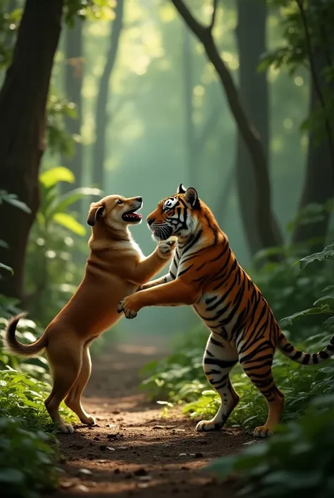 A dog playing with tiger in the jungle video 