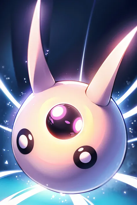 Create a baby Digimon in its first evolution stage, resembling a small, round, soft ball-like creature. Its body is compact, smooth, and glowing faintly with psychic energy. The Digimons eyes are large and expressive, giving it an innocent, curious look, w...