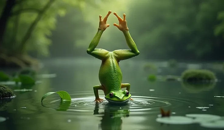 a realistic green frog is upside down in the lake.