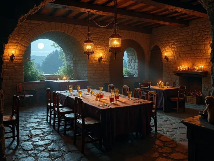  a medieval tavern at night, just after a wild celebration. Outside, the moonlight can be seen through the window, casting a soft glow on the stone walls. Inside, the room is a mix of chaos and calm—some tables are neatly arranged, as if the space is being...