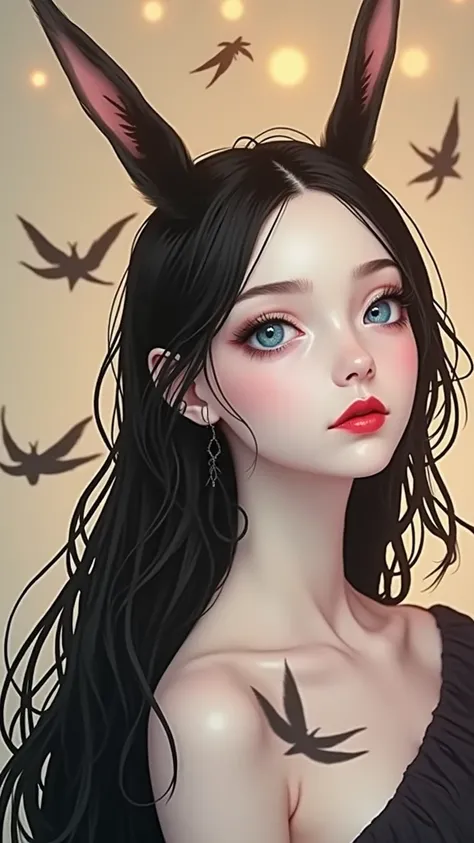 Girl with a pale,  with black hair, blue eyes and red lips