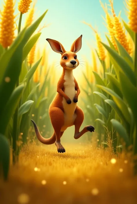 Kangaroo walking on animated corn