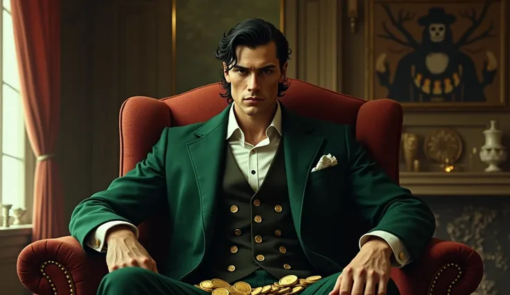 an attractive and cruel man on a farm. he has white skin,  black hair , And serious expression  .  Hes wearing a classic three-piece suit  ,  wearing a dark green coat and a vest with gold buttons , plus a light shirt with an open collar  , no tie.
 Sittin...