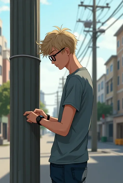 A young man with blond hair and dark glasses propped up on an electrical power pole on the street looking at his smartwatch 