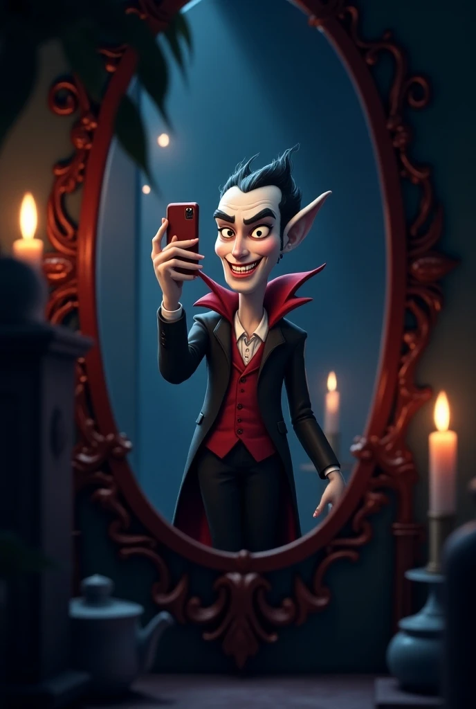 Animated vampire taking a picture in the mirror looking at the phone with flash