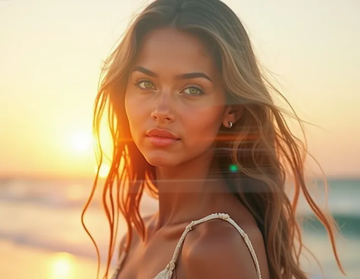 high quality, 8K Ultra HD, A beautiful double exposure that combines a curvy goddess silhouette, juicy c-cup breasts with sunset coast, long dark blonde beachy balayage hair, innocent playful smile, big deep green eyes, oval face with soft slightly round c...