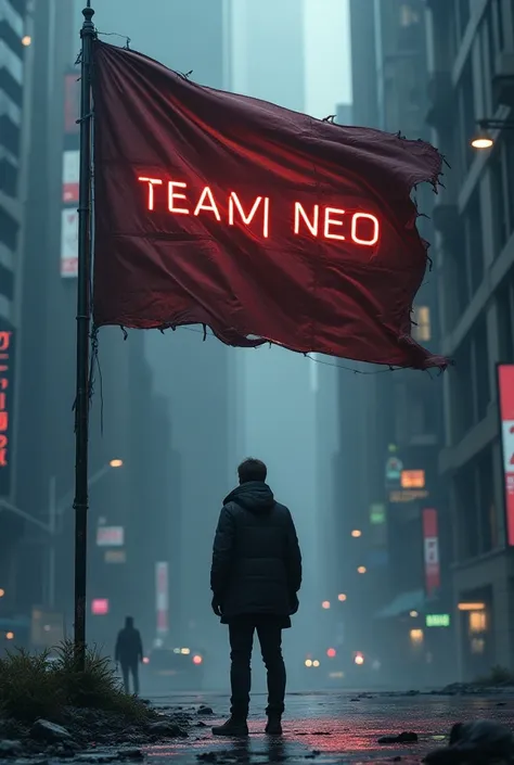 A person sees a flag that says, come to team neo