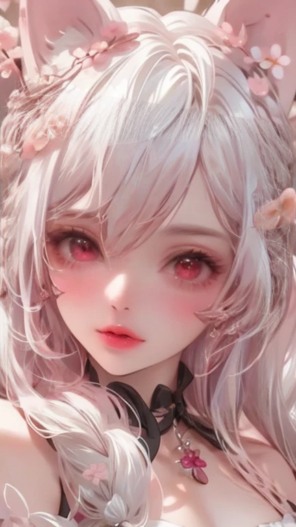 ((Hairstyles for white hair:1.5))(Japan [kimono with cherry blossom pattern:1.3), Symmetrical, (Best Quality, Realistic:1.4, Original photo:1.2, film light, Highly detailed illustrations), (1Miss:1.3, alone), (Asian girl, The face is very delicate, super p...