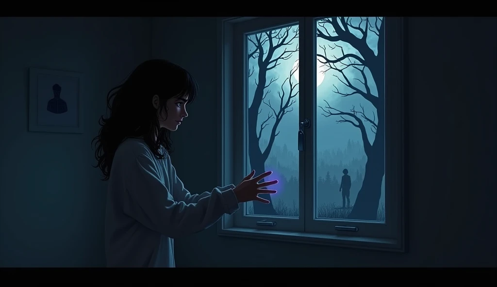 "A teenage girl, Mariana, standing in a dimly lit room with an anxious expression, holding her hands marked with faint purple bruises shaped like fingers. The background shows a window revealing a dense, dark forest under a moonlit sky. The forest exudes a...