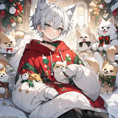 The boy is vtuber playing mobile game on Christmas theme々）, cute cool smile, black shaped choker, (masterpiece, highest quality), official art, beautiful and aesthetic: 1.2), (1 boy), very detailed, (Christmas art: 1.3), silver colorful, boy white short ha...