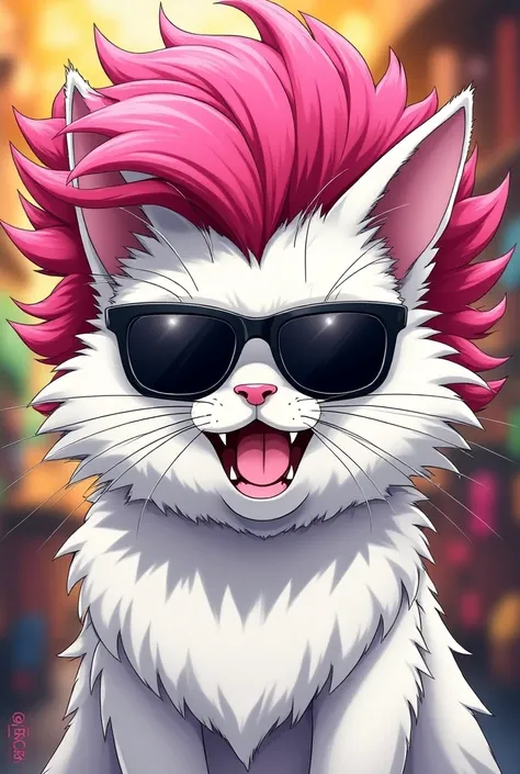 White cat with dark glasses and flufly pink hair 
Macho
Anime style 