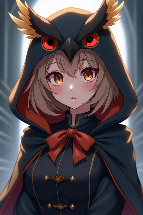 style:anime (Kōhei Horikoshi )  My Hero Academia Clothing 
Hair : café, short bow 
Light brown : eyes 
:  dark hero , with an owl hood 
Gender: feminine quirk: magic (as " The Owl House ")