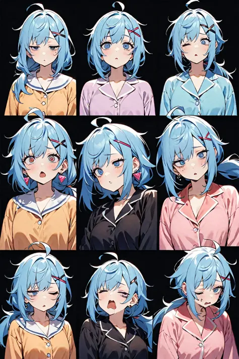 High image quality
 Female College 1, Piercing Eyes ,    light blue hair、 shortcut,   low ponytail 、   earrings for one woman,  Ahoge,   asymmetrical bang ,  x-shaped hair ornament,  Sleepy eyes、 dark circles under eyes、 black tights、whole body、vigil、Backg...