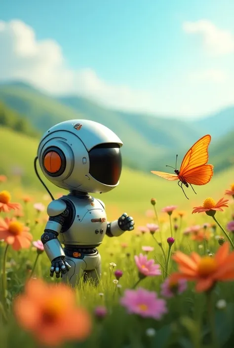 A cute robot contemplating a butterfly in a flower in the field