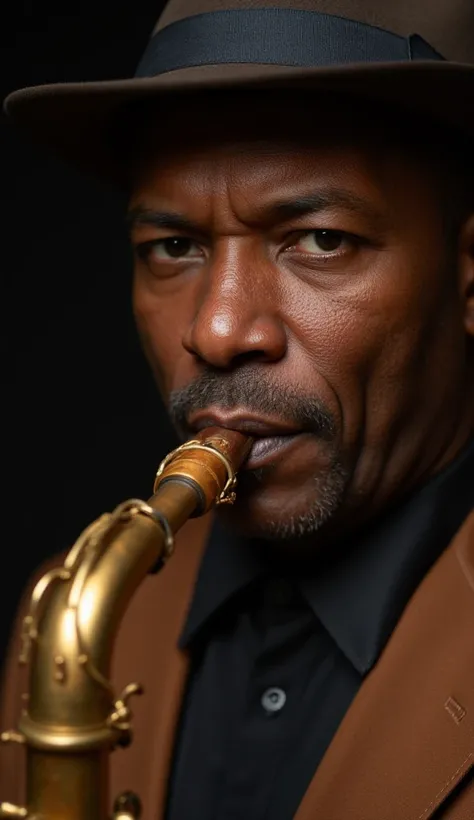 Close-up shot, commercial photography, face of a middle-aged black saxophonist playing jazz, clothing in the style of the 50s, studio light, 8k octane rendering, high resolution photography, insanely detailed, fine details, stock photo, professional color ...