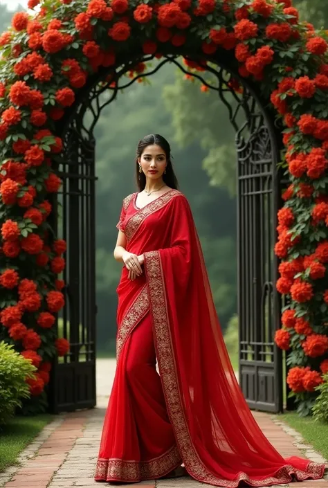 A beautiful woman in designing red saree in front of flowers gate realistic 